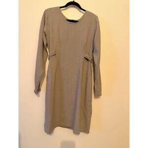 Vintage 1980s Minimalist Taupe Long Sleeve Midi Dress | Fitted Waist | S–M